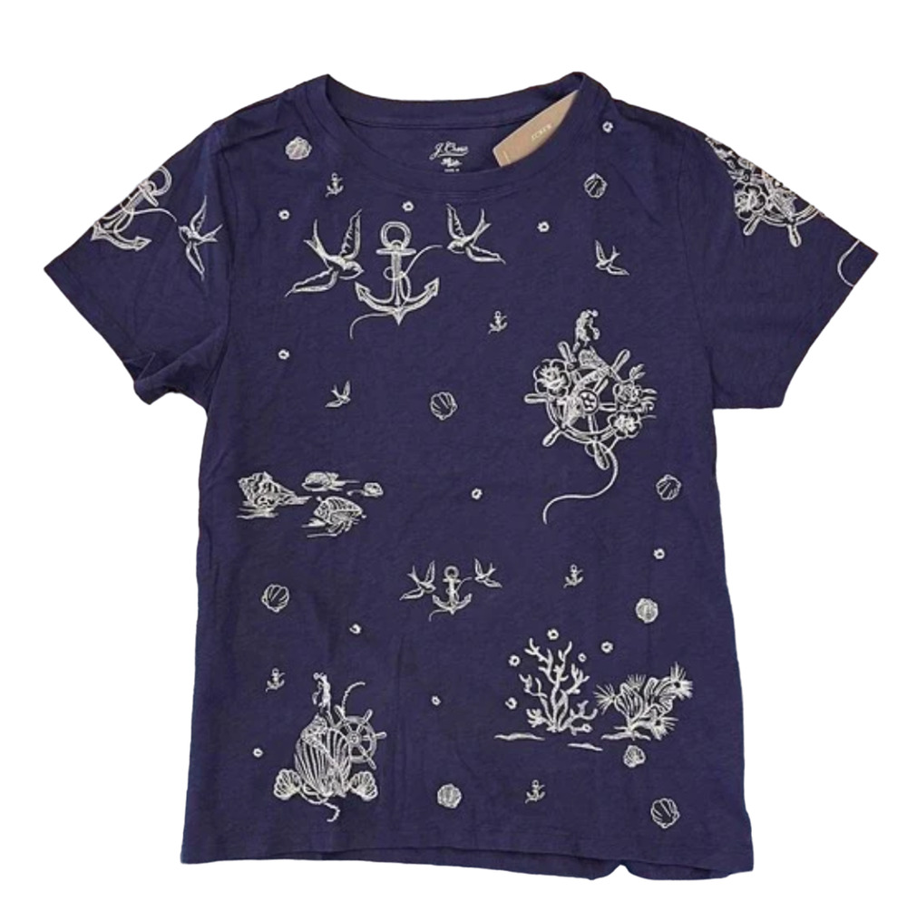 NWT J. Crew Navy/Purple Nautical Embroidered Crewneck Tee - SIZE S